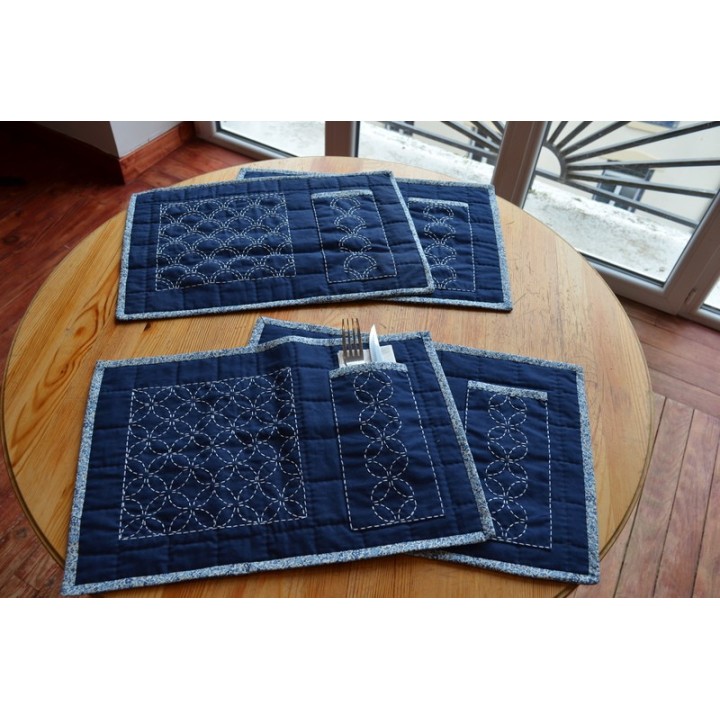 Lot de 4 sets de table sashiko en jean recyclé - Pièce unique